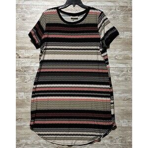 Bobbie Brooks Plus Sz 2X Black Tan Red Chevron Short Dress Cap Sleeve Round Neck